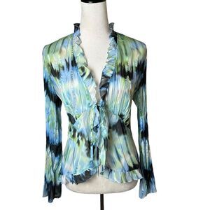 Notations Y2K Sheer Ruffle Blouse Tie Front Abstract Flowy Artsy Top Women's S